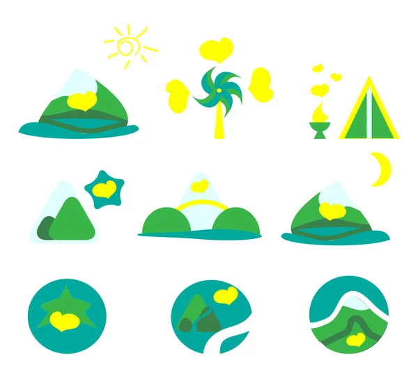 Natura, turismo e montagne set di icone. Collezione di 9 elementi di design. v — Vettoriale Stock
