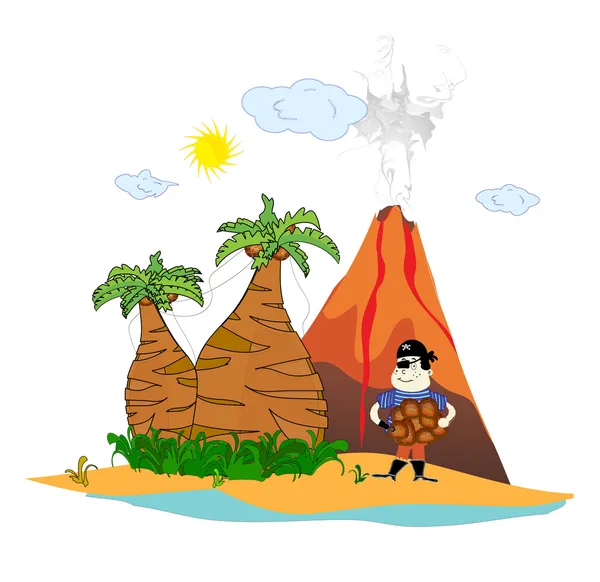 Isla con un volcán y un vector pirata — Vector de stock