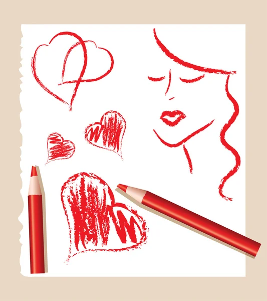 Croquis au crayon de cœurs rouges et belle femme, vecteur — Image vectorielle