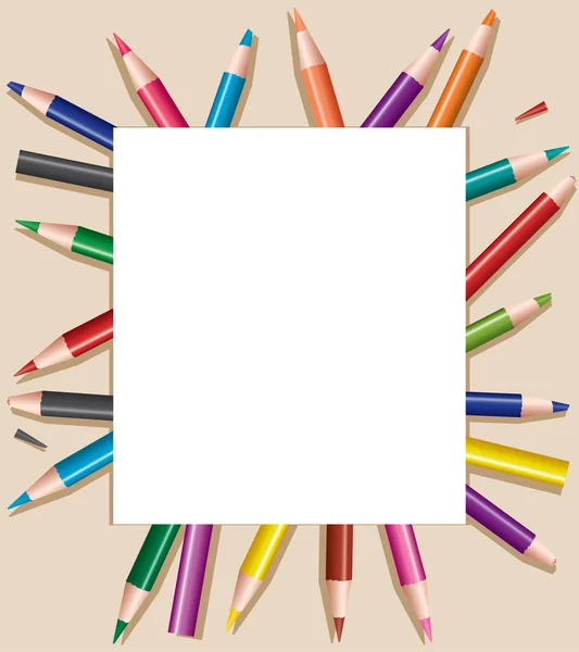 Lápis coloridos sob folha de papel em branco, ilustração vetorial — Vetor de Stock