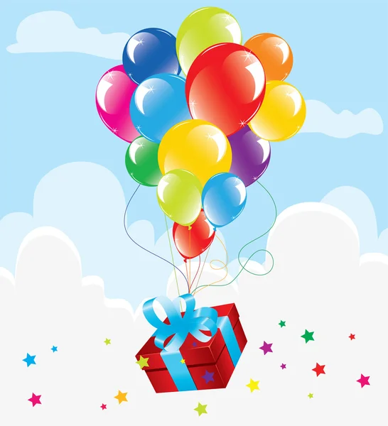 Des ballons colorés et un coffret cadeau dans le ciel — Image vectorielle