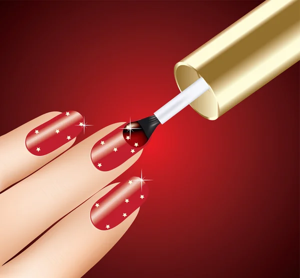 Frau trägt roten Nagellack auf Finger auf — Stockvektor