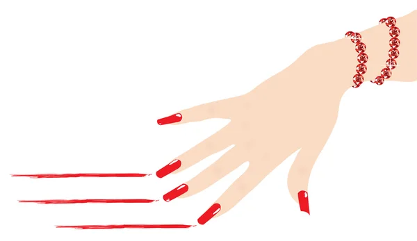 Mujer mano con brazalete de rubí rayando líneas rojas, vector — Vector de stock