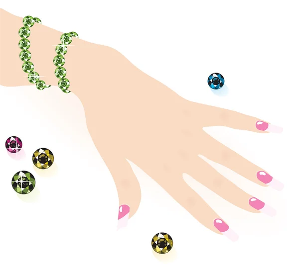 Bracelet vert émeraude à la main femme — Image vectorielle