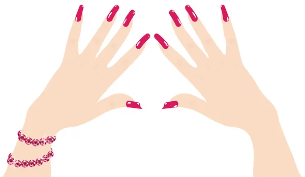 Mãos de mulher com unhas vermelhas e pulseira de rubi — Vetor de Stock