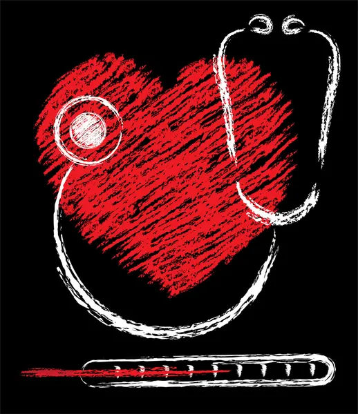 Inima, stetoscopul și termometrul — Vector de stoc
