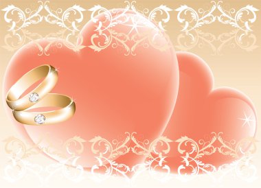 Wedding theme with golden rings and hearts clipart