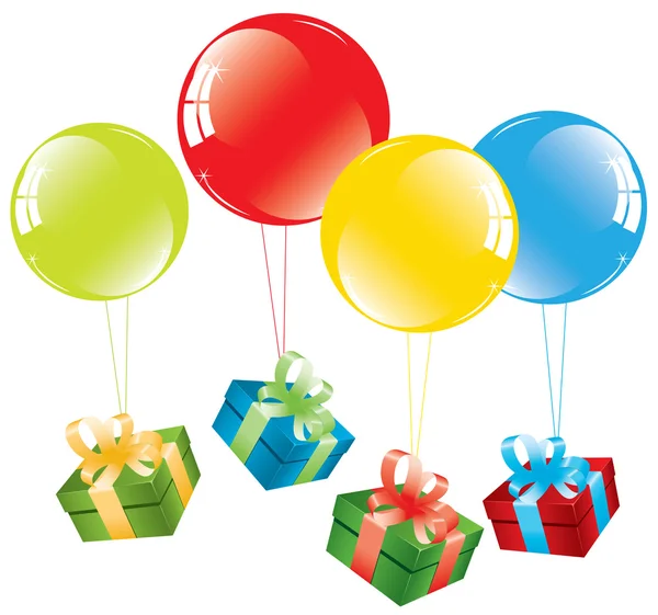 Kleurrijke ballonnen en een doos van de gift — Stockvector