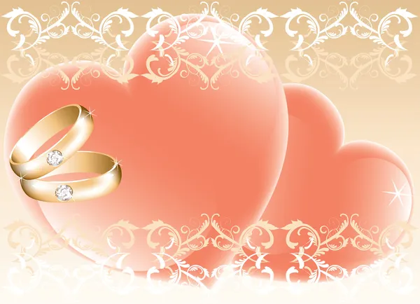 Düğün Tema altın yüzük ve kalpler — Stok Vektör
