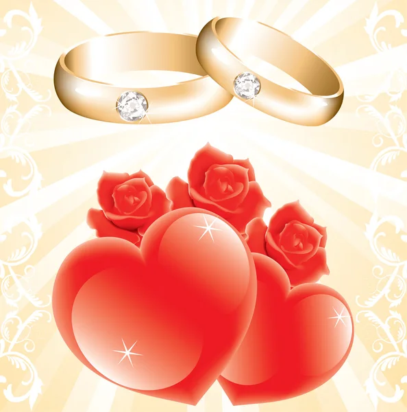 Tema nunții cu inele de aur, trandafiri și inimi — Vector de stoc