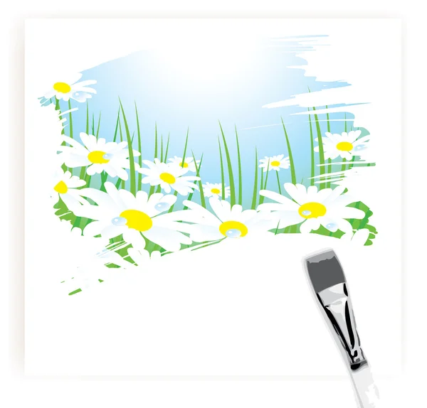 Brush painting of camomile meadow — Stock Vector