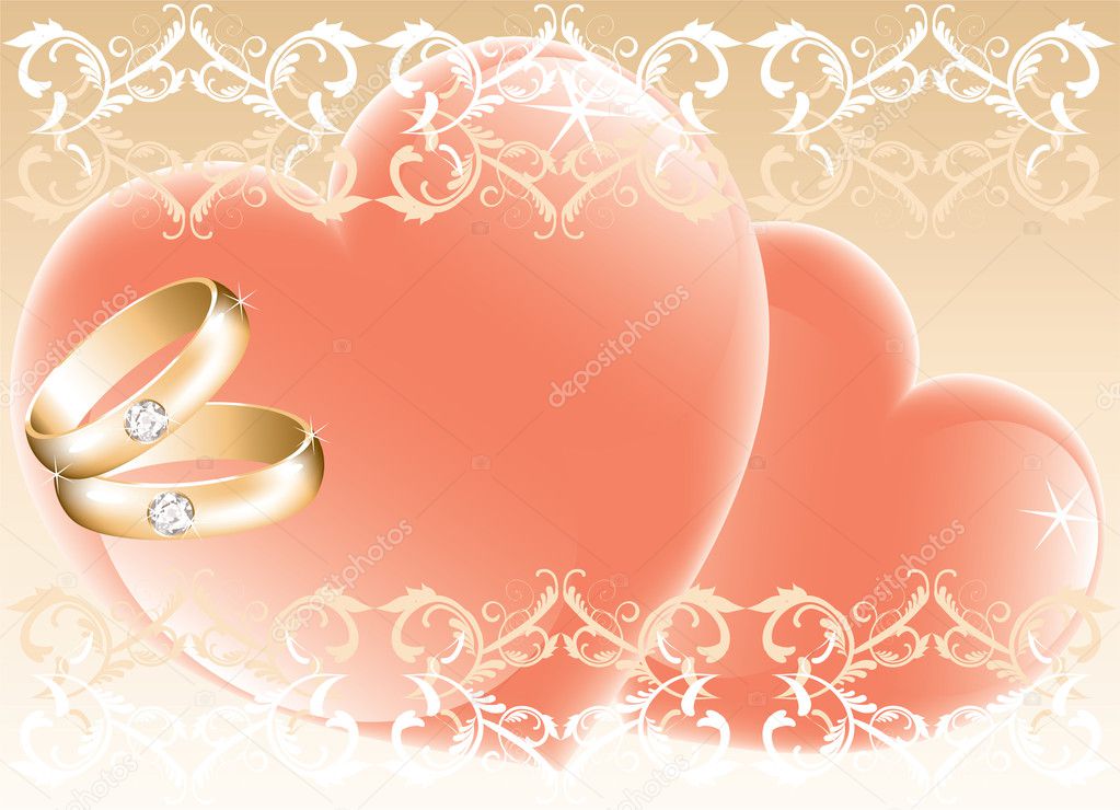 Wedding theme with golden rings and hearts