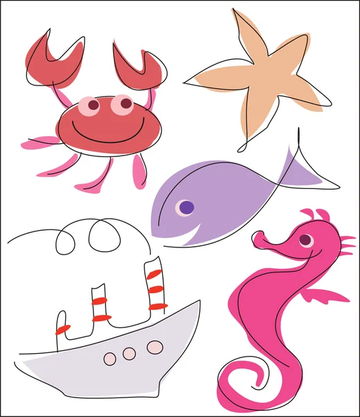 Sea, marine life set funny illustration - Stok Vektor