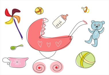 Baby stroller and baby goods collection clipart