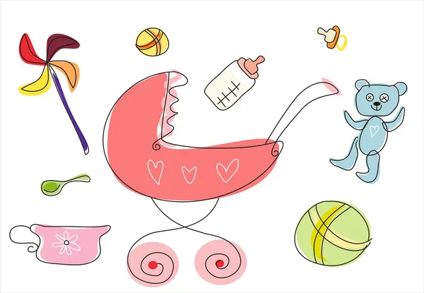Poussette bébé et collection de produits pour bébé — Image vectorielle