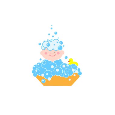 Baby bathes in a bath with foam clipart