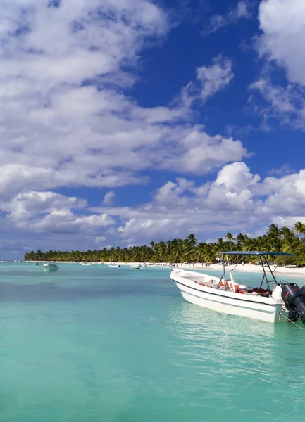 Båtarna i blå lagunen nära saona island. — Stockfoto