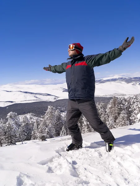 Счастливый лыжник на вершине горы — стоковое фото