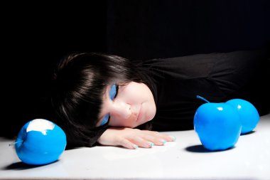 Beautiful girl with blue apples clipart