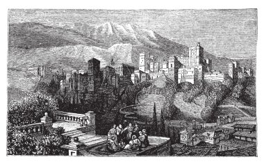 The Alhambra, in Granada, Spain. Old engraving around 1890. clipart