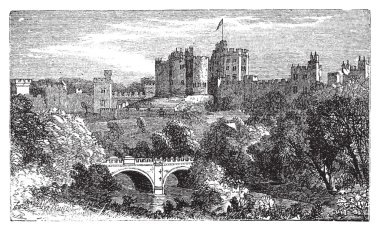 Alnwick Castle, in Alnwick, Northumberland County. 1890 vintage clipart