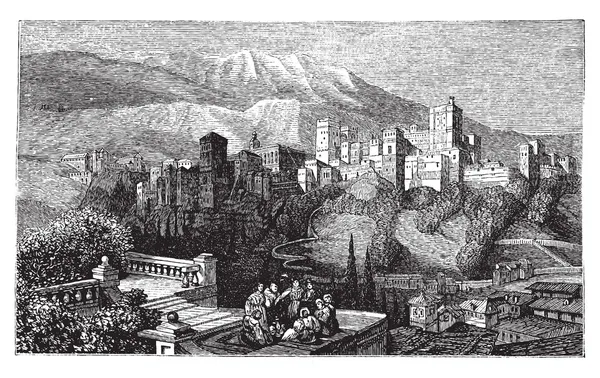 อัลแฮมบรา ในกรานาดา สเปน การแกะสลักโบราณรอบปี 1890 . — ภาพเวกเตอร์สต็อก