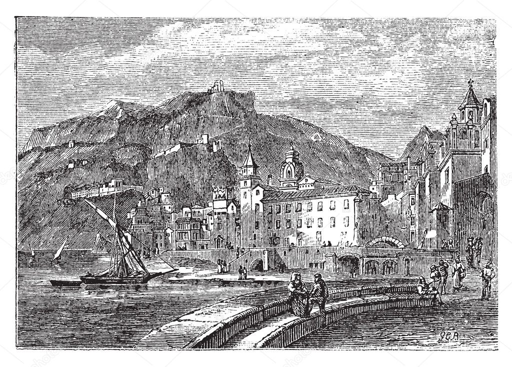 Amalfi in 1890, in the province of Salemo, Italy. Vintage engrav