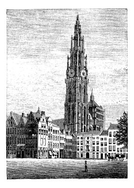 Cathedral of Our Lady, in Antwerp, Belgium, vintage engraving. clipart