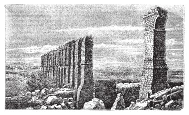 Carthage roman aqueduct ruins old engraving. clipart