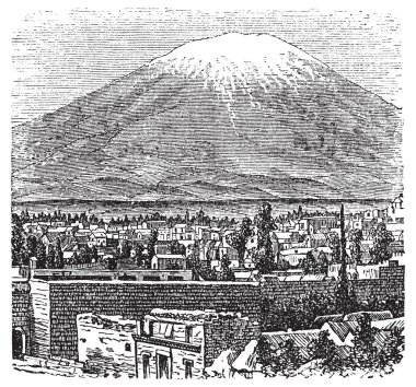 Arequipa and the Misti volcano old engraving, in 1890. clipart