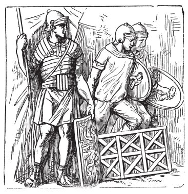Roman segmented armors and shield old engraving, based on the Tr clipart