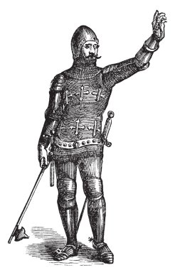 French soldier in armor in 1370, old engraving clipart