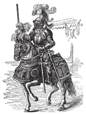 Ironclad full bodied armored horse and rider. Old engraving clipart