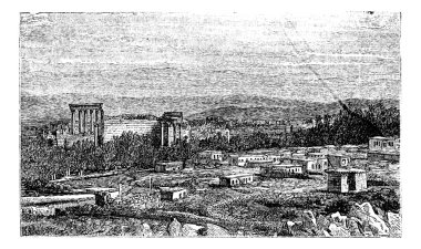 Ruins at Baalbek, Ancient Babylon vintage engraving. clipart