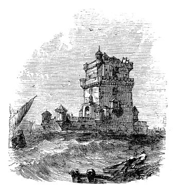 Belem Tower, in Lisbon, Portugal, during the 1890s, vintage engr clipart