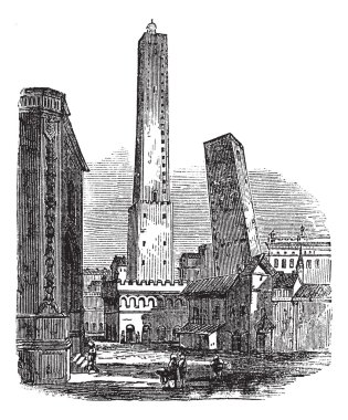 The two medieval Towers of Bologna, Bologna, Italy, vintage engr clipart