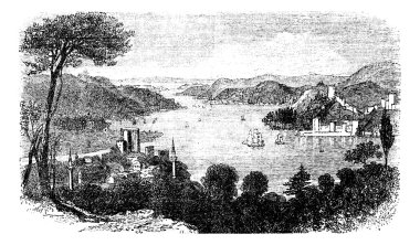 or Istanbul Strait, in Istanbul, Turkey, vintage engraving clipart