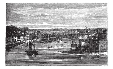 Penfeld, river, Brest, France, vintage engraving. clipart