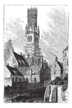 Belfry of Bruges, or Bellfort, Bruges, Belgium. Vintage engravin clipart