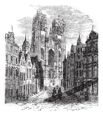 The Church Saint-Gudula of Brussels, Belgium. Vintage engraving. clipart