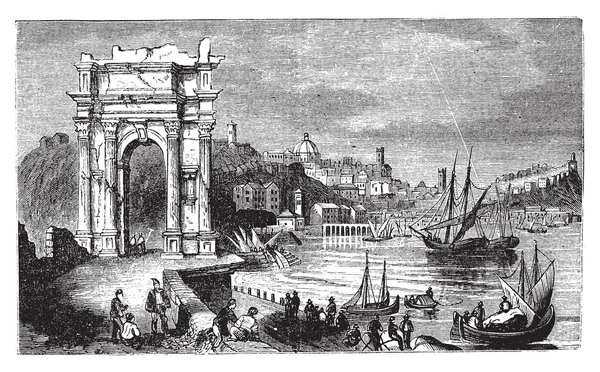 Ancona y los Arcos de Trajano, Italia. Escena de 1890, viejo vin — Vector de stock