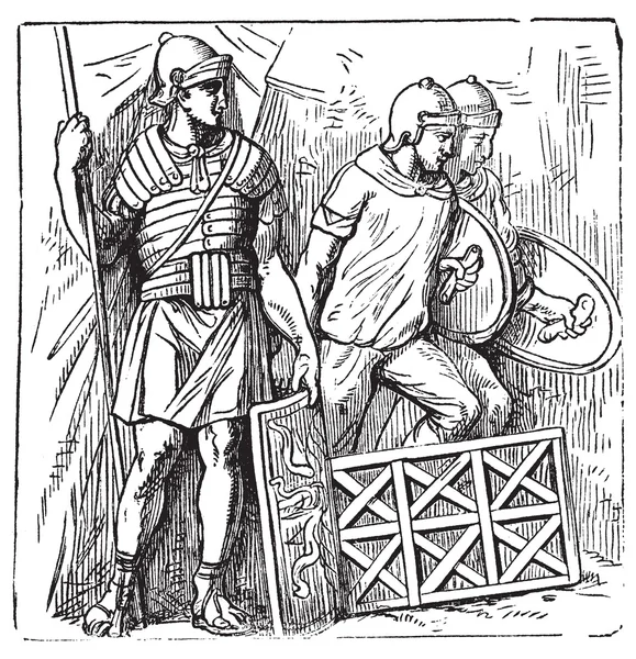 Roman přízi brnění a štít stará rytina, založené na stro — Stockový vektor