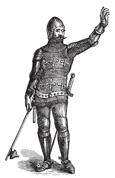 Frans militair in harnas in 1370, oude gravure — Stockvector