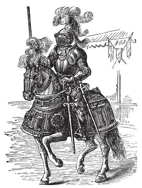 Ironclad cavalo blindado encorpado e cavaleiro. Gravura antiga — Vetor de Stock
