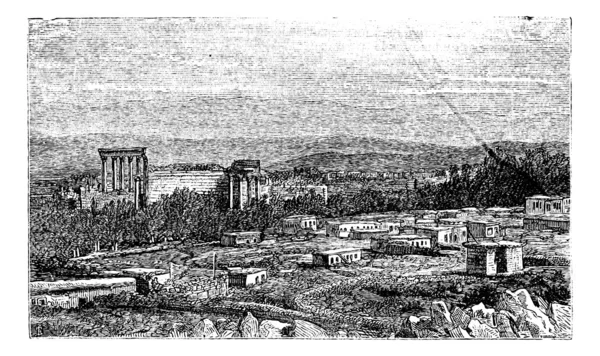 Ruinas en Baalbek, Grabado vintage de la Antigua Babilonia . — Archivo Imágenes Vectoriales