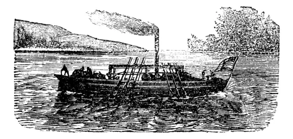Parní člun, experimentu, john Fitch, usa, 1786, vintage e — Stockový vektor