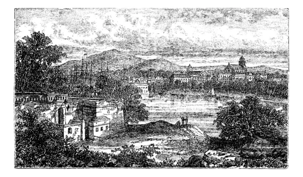 巴约讷在阿基坦大区、 法国在 19 世纪 90 年代，复古 engravi — 图库矢量图片