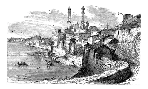 Varanasi o Banares o Banaras, en Uttar Pradesh, India, vintage — Archivo Imágenes Vectoriales