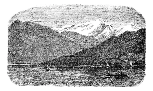 Гора Мон-Блан, Женевское озеро, Швейцария и Франция, vintag — стоковый вектор