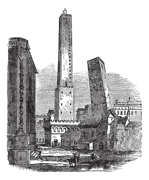 Las dos torres medievales de Bolonia, Bolonia, Italia, engr vintage — Archivo Imágenes Vectoriales